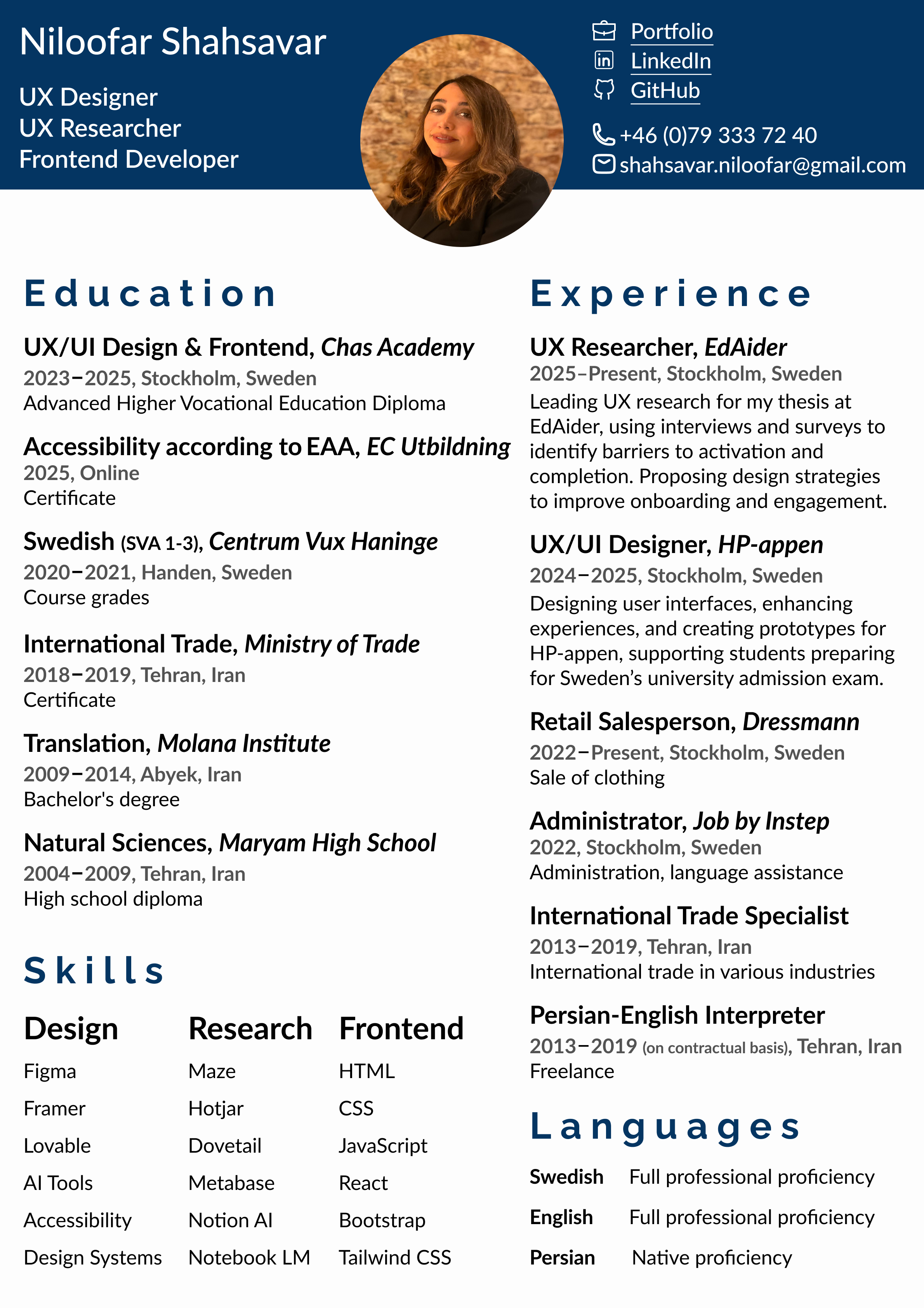 Niloofar Shahsavar’s CV
