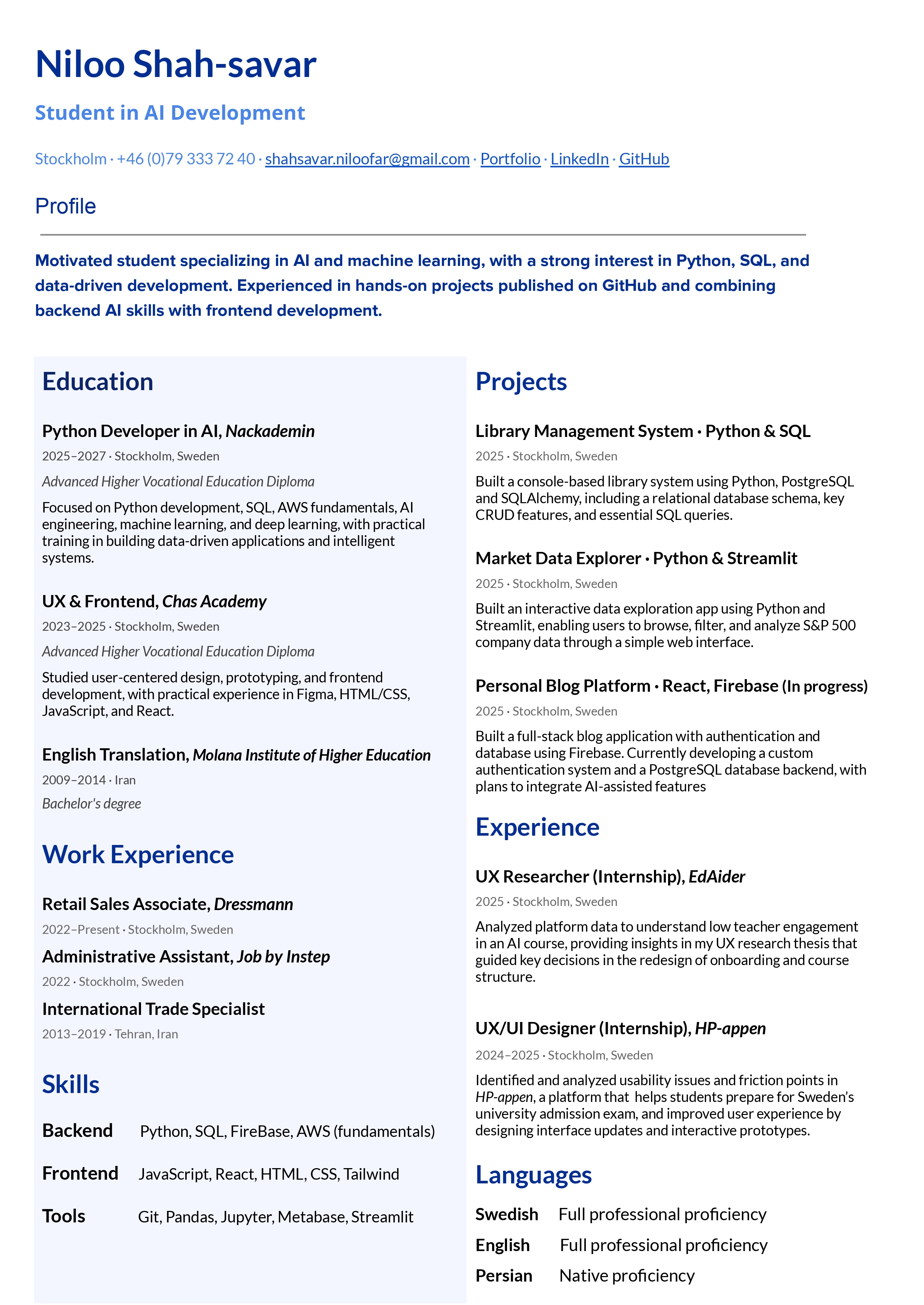 Niloofar Shahsavar's CV